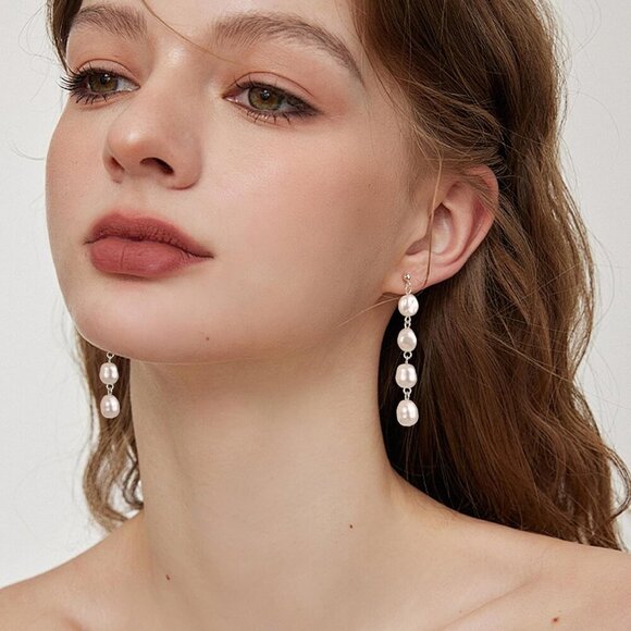 Silver Baroque Pearl Drop Dangle Long Tassel Wedding Bridal Earrings for Women - Picture 2 of 6